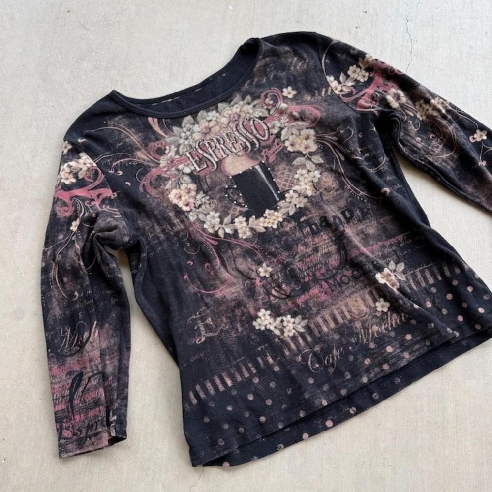 y2k dress barn bedazzled espresso floral script 3/4 sleeve‎